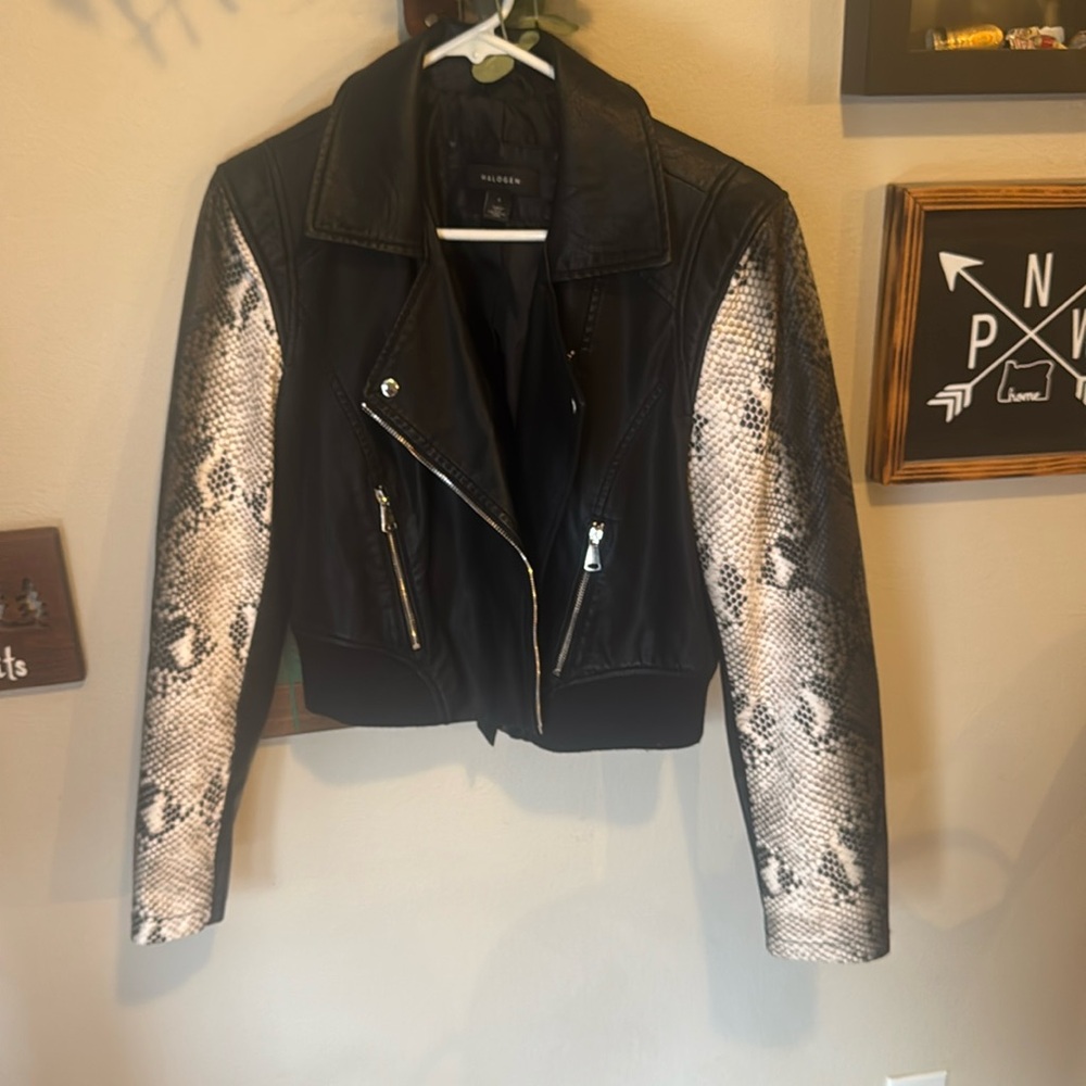 Halogen women’s “leather” jacket size small with snake skin arms